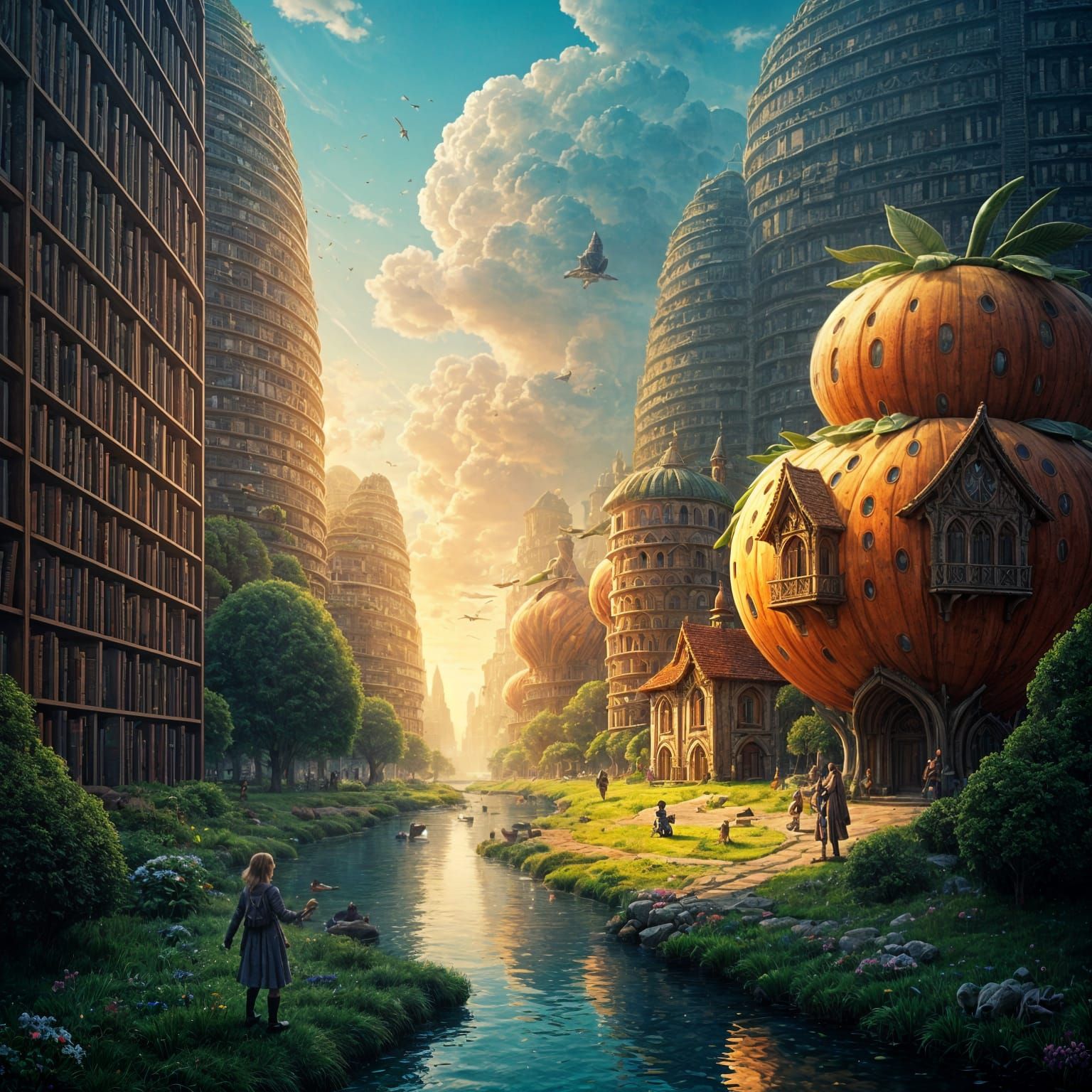 Enchanted Library Metropolis in Vibrant Surrealism