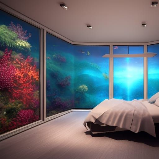 Underwater Bedroom in Glass Cube: Detailed Matte Painting