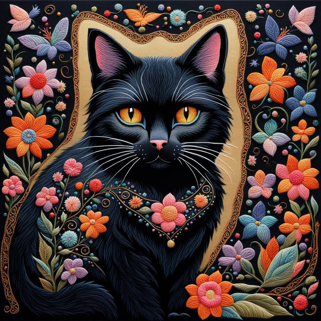 Enchanting Embroidered Black Cat in Fairy-Tale Setting