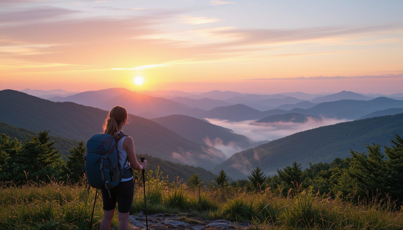 Hiker Views Blue Ridge Mountains Sunset with Valley Mist