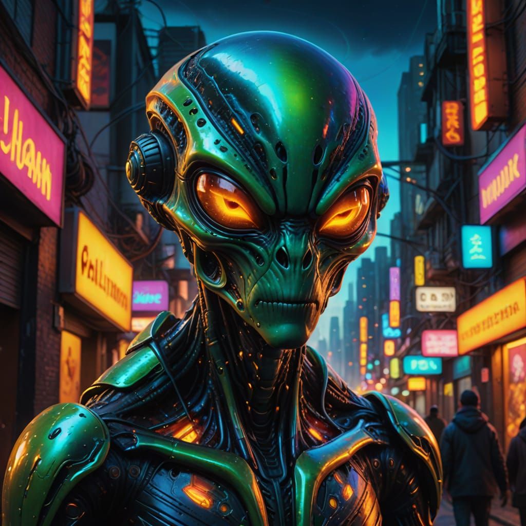 Alien in City Streets: Vibrant Surrealism Oil Painting