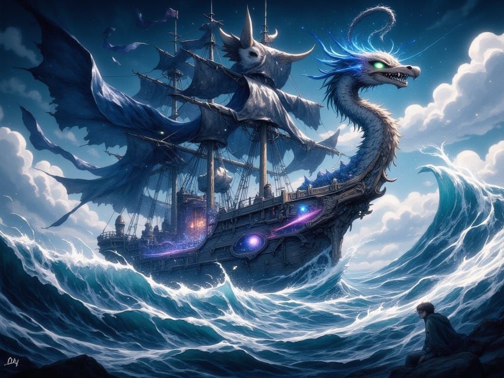 Binary Code Pirate Ship in Cyberspace