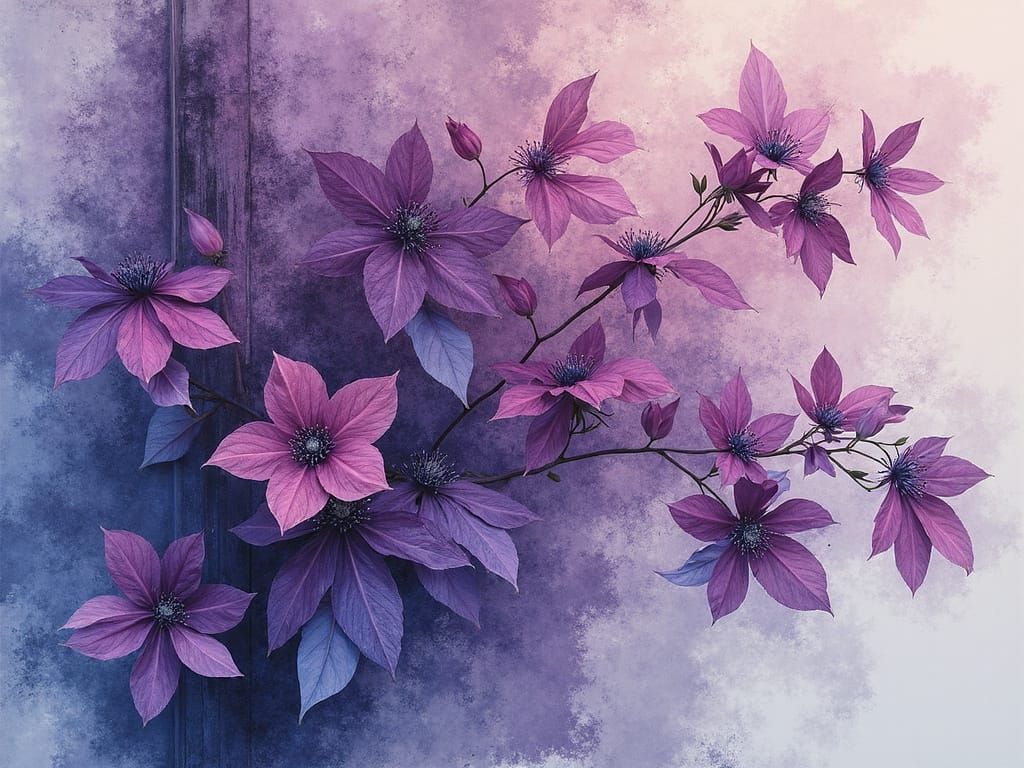 Deep Purple Clematis in Soft Pink and Blue Grunge Style