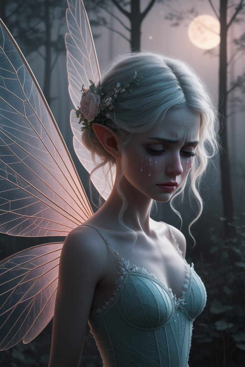 Ethereal Fairy with Drooping Wings in Twilight Forest