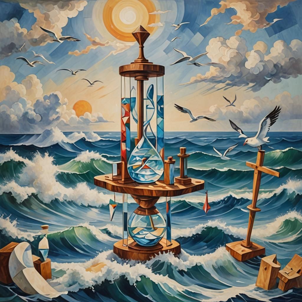 Hourglasses Float in Tempestuous Ocean: Cubist Style