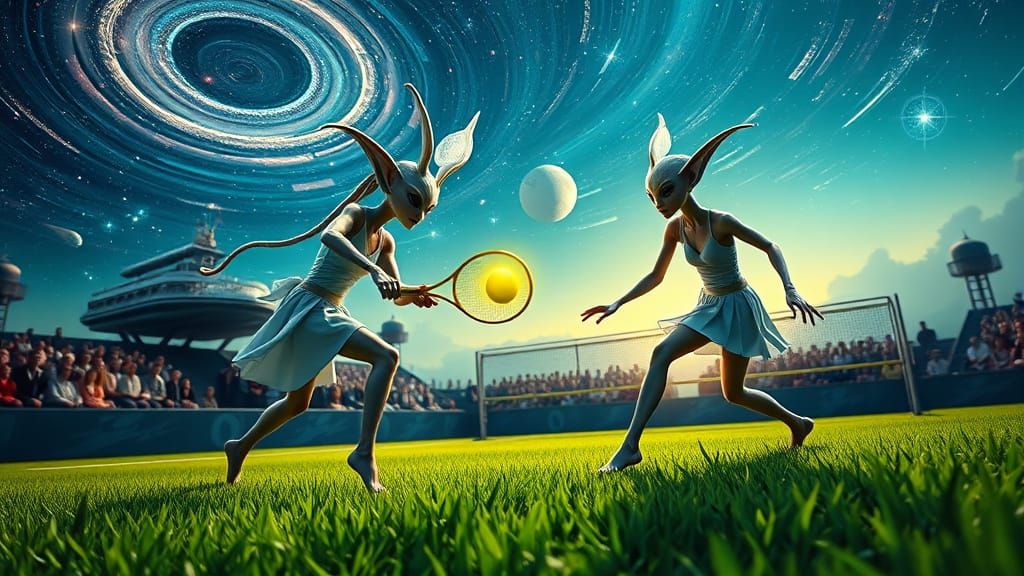 Hyperrealistic Alien Tennis at Wimbledon in Fantasy Style