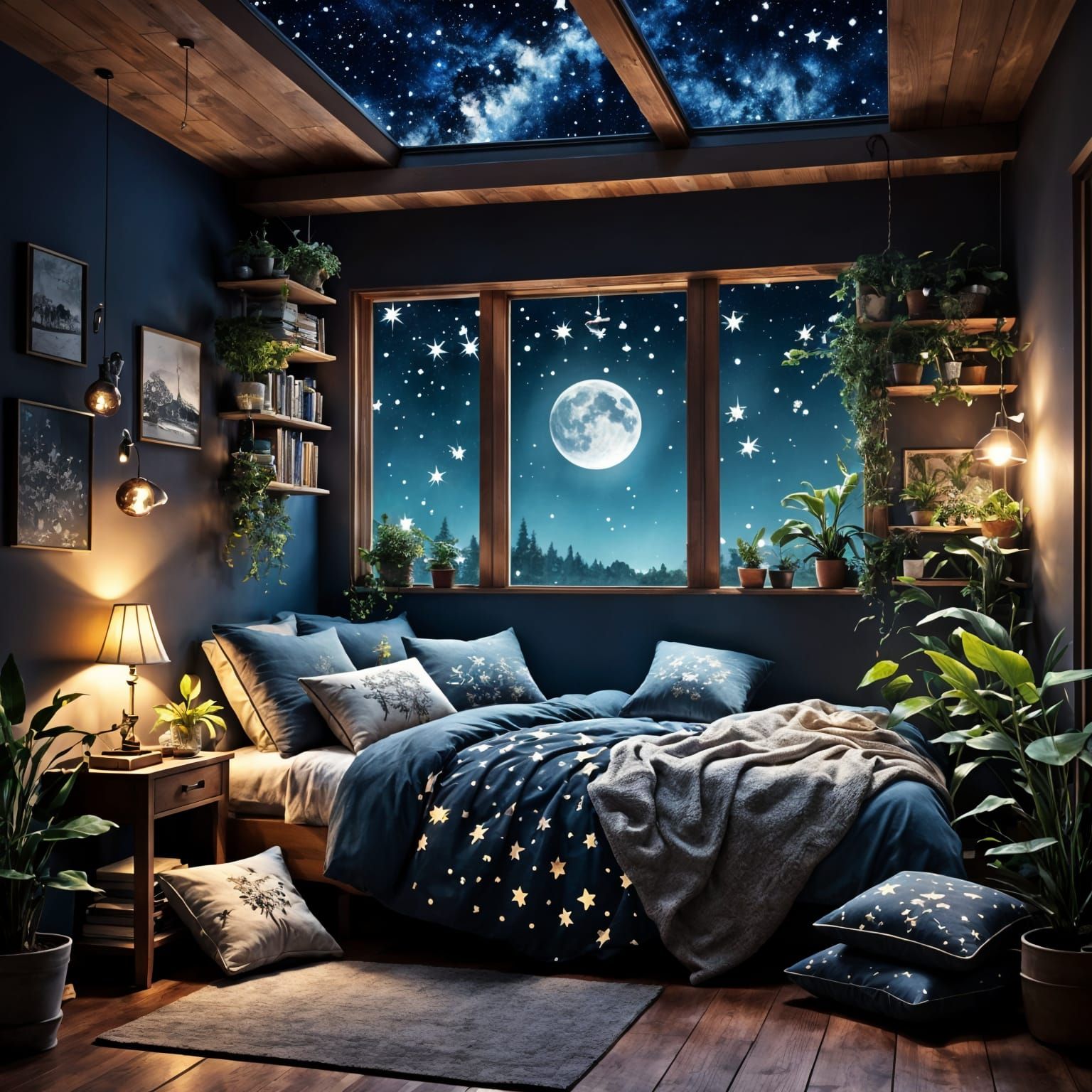 Cozy Midnight Room with Stars and Plants