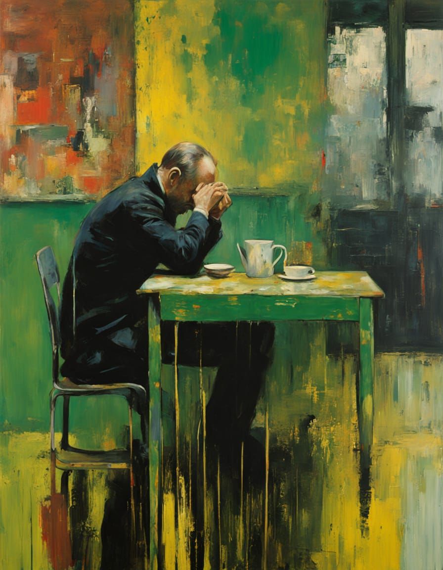 Neo-Expressionist Coffee Mourning with Giant Cat