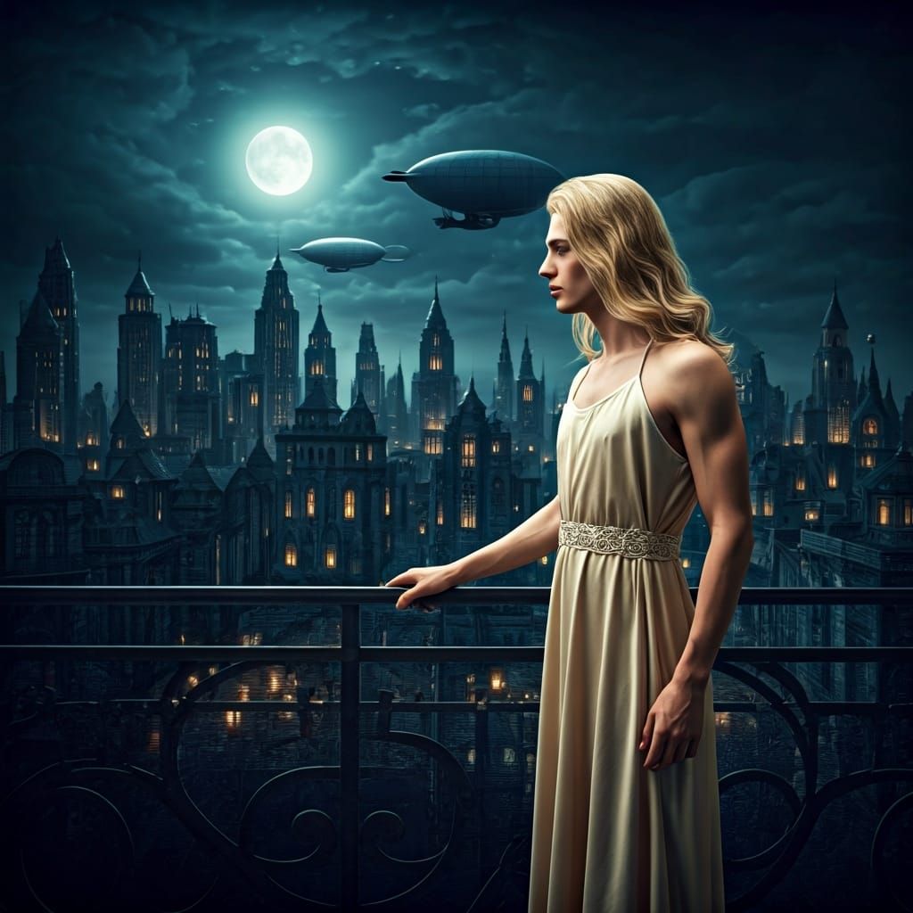 Moonlit Balcony Scene in Film Noir Style