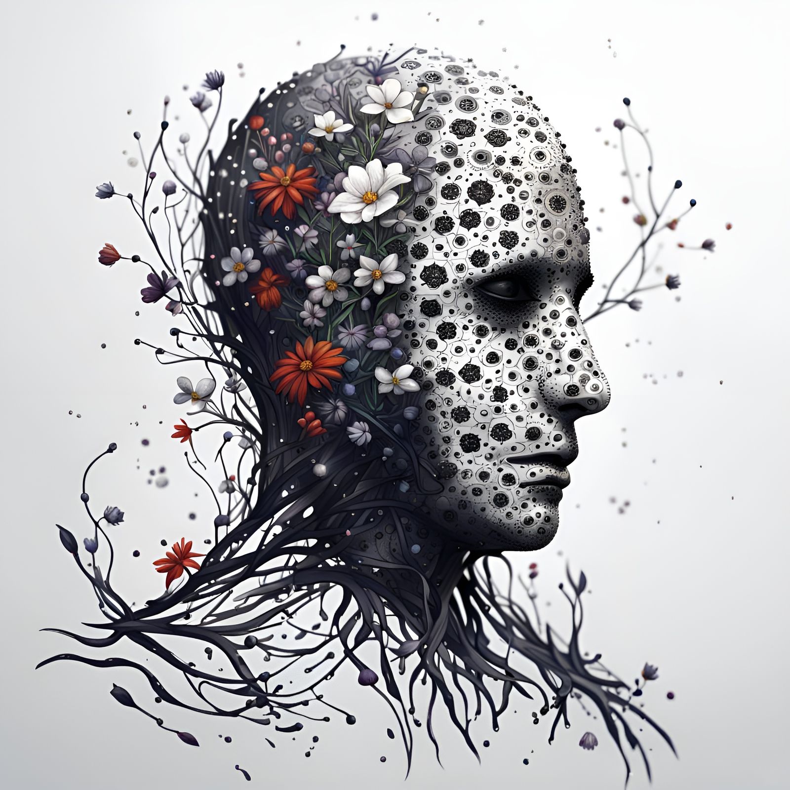 Stylized Ink Art of Faceless Man with Flowers
