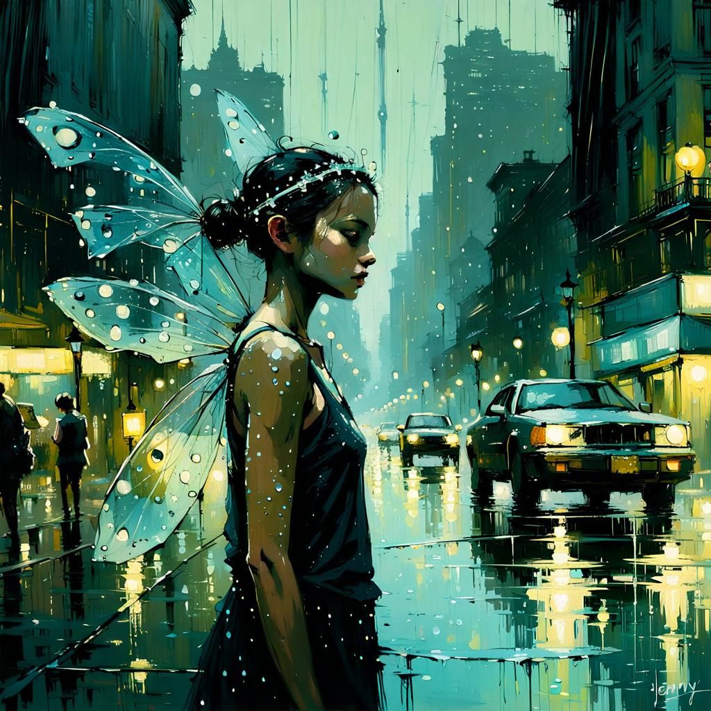 Fairy in Cityscape with Dew Drops, Tonalist Style