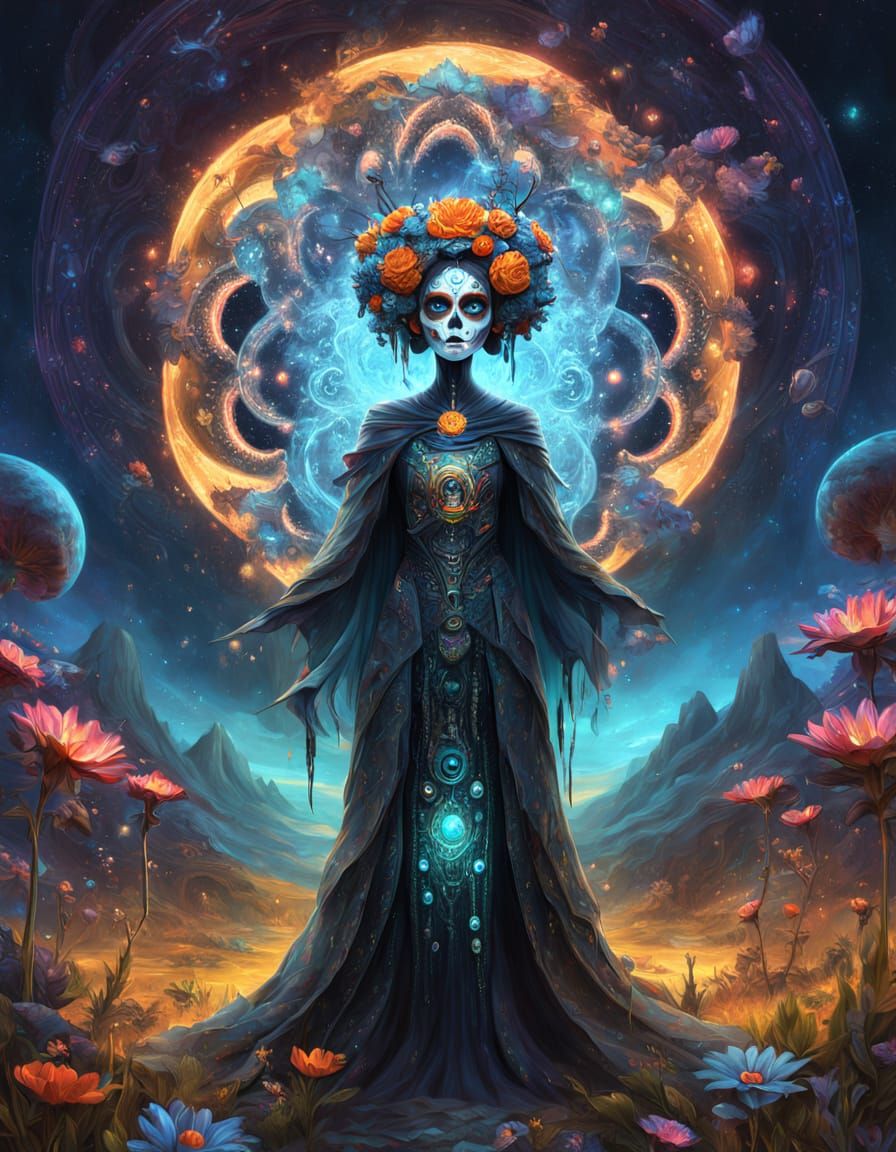 Catrina Figure with Binary Code Amidst Surreal Landscape