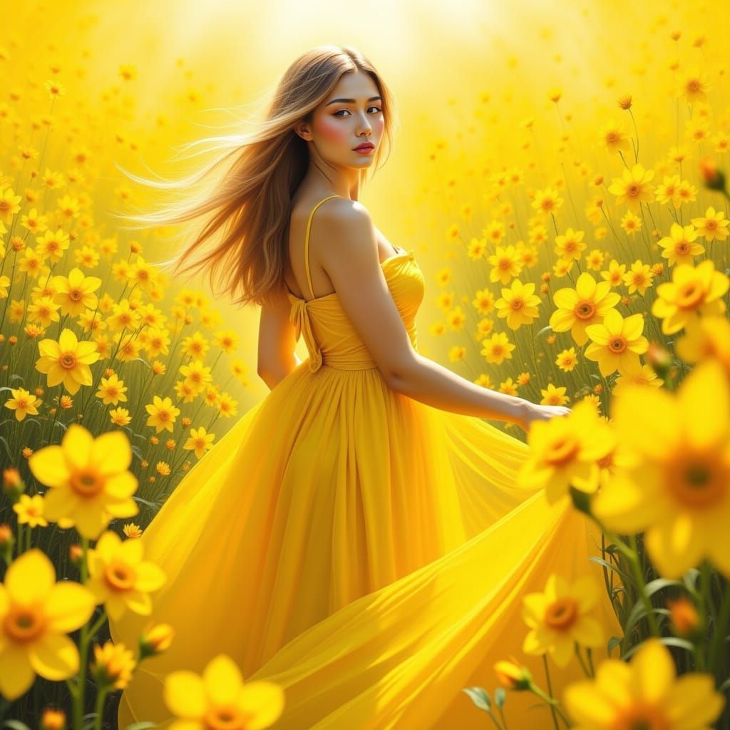 Ethereal Goddess in Vibrant Yellow Landscape