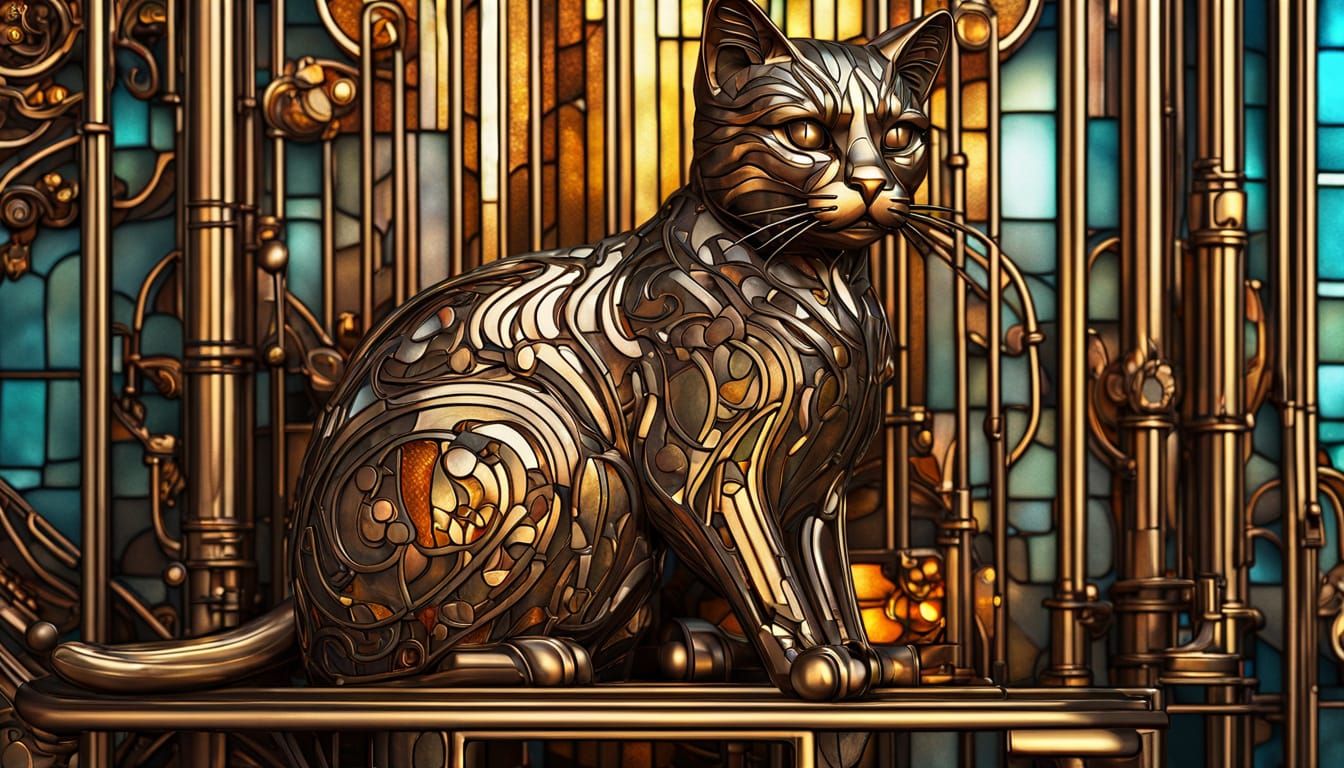 Stained Glass Cat Amidst Bronze Pipes