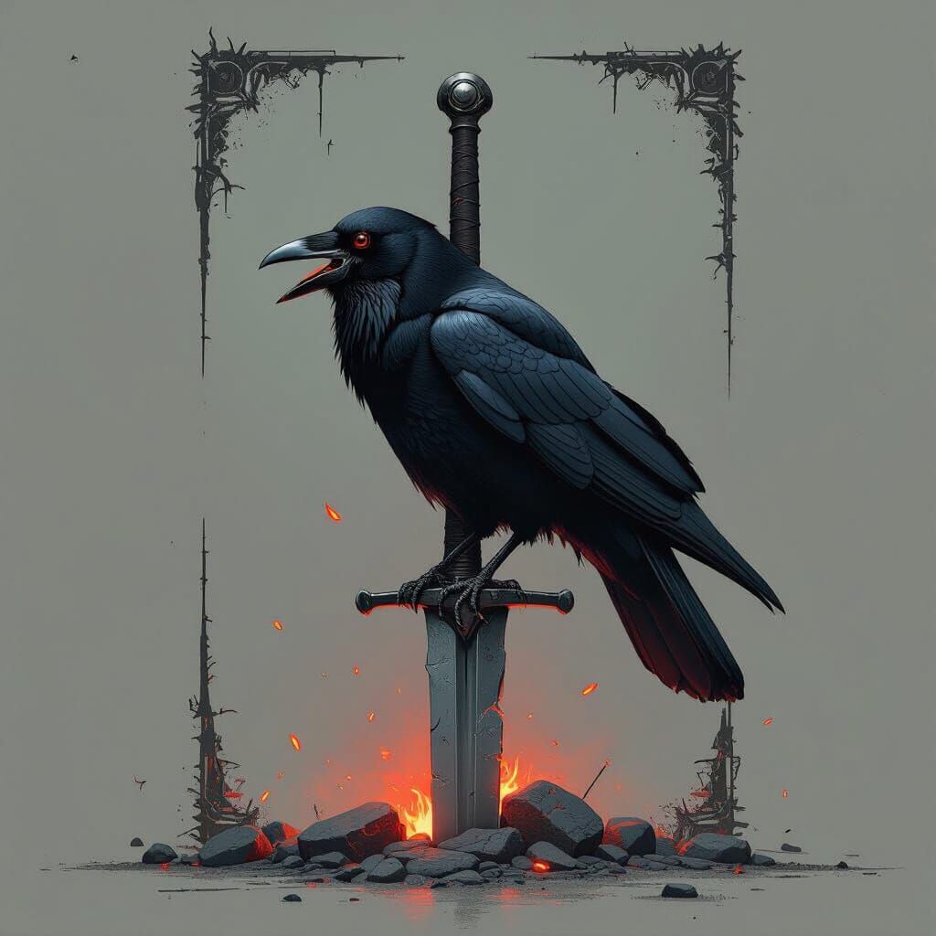 Dystopian Crow on Broken Sword in Metallic Style