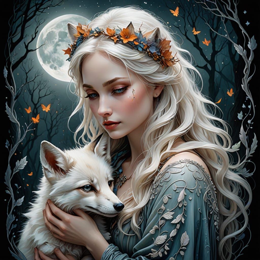 Surreal Whimsical Digital Art of Fox Puppy and Loving Woman....