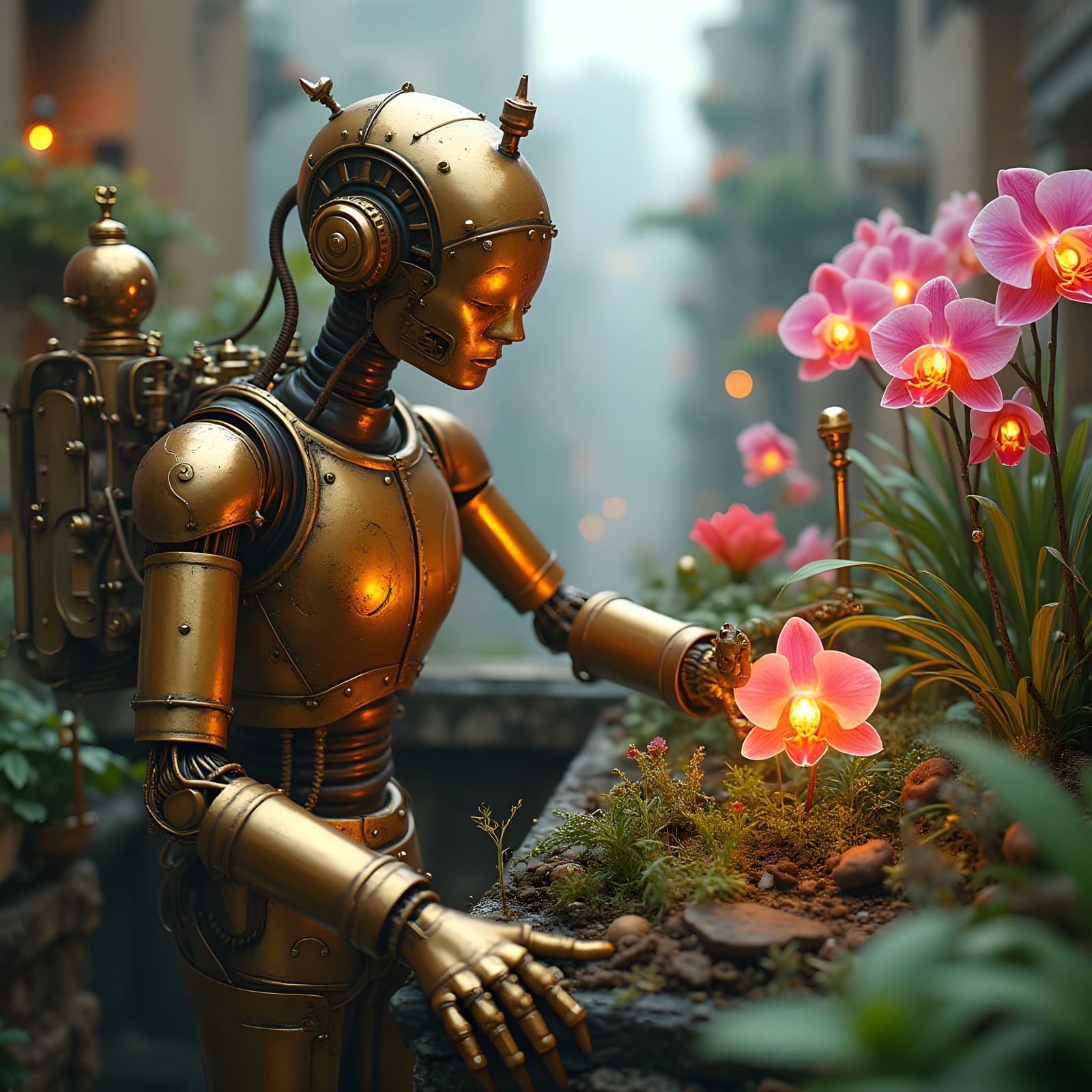 Steampunk Automaton in Rooftop Garden, Digital Art