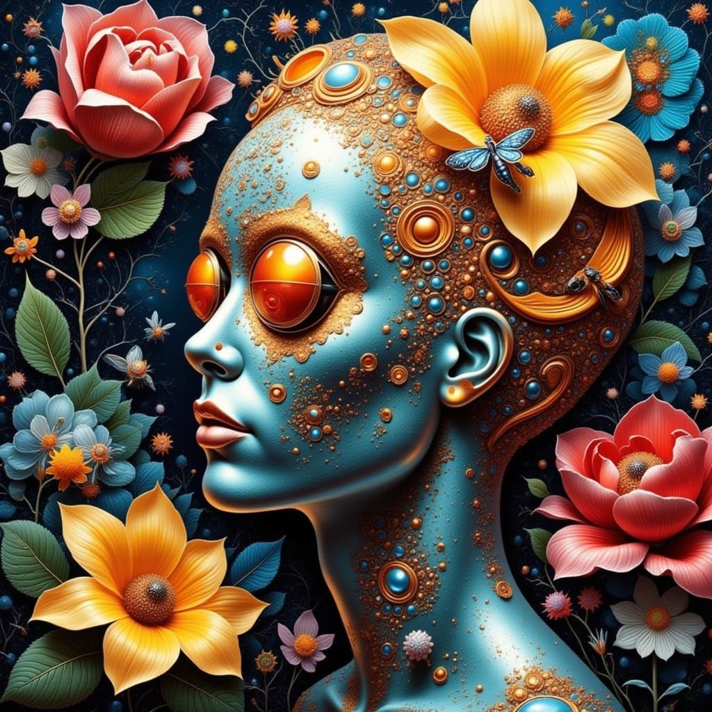 <lora:Magically-fantasy:1.0>  Close-up of metallic flowers and metal bees surrounding a figure navigating reality breakd...