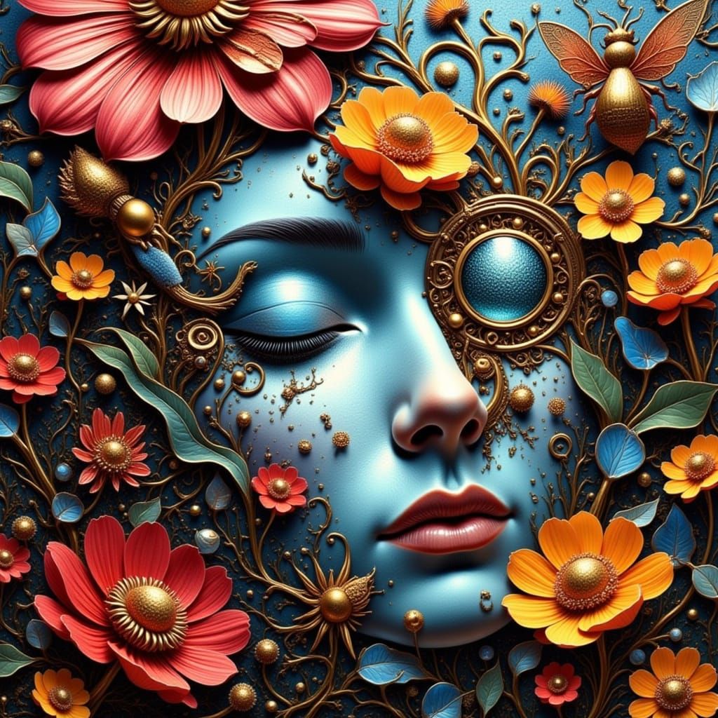 <lora:Magically-fantasy:1.0>  Close-up of metallic flowers and metal bees surrounding a figure navigating reality breakd...