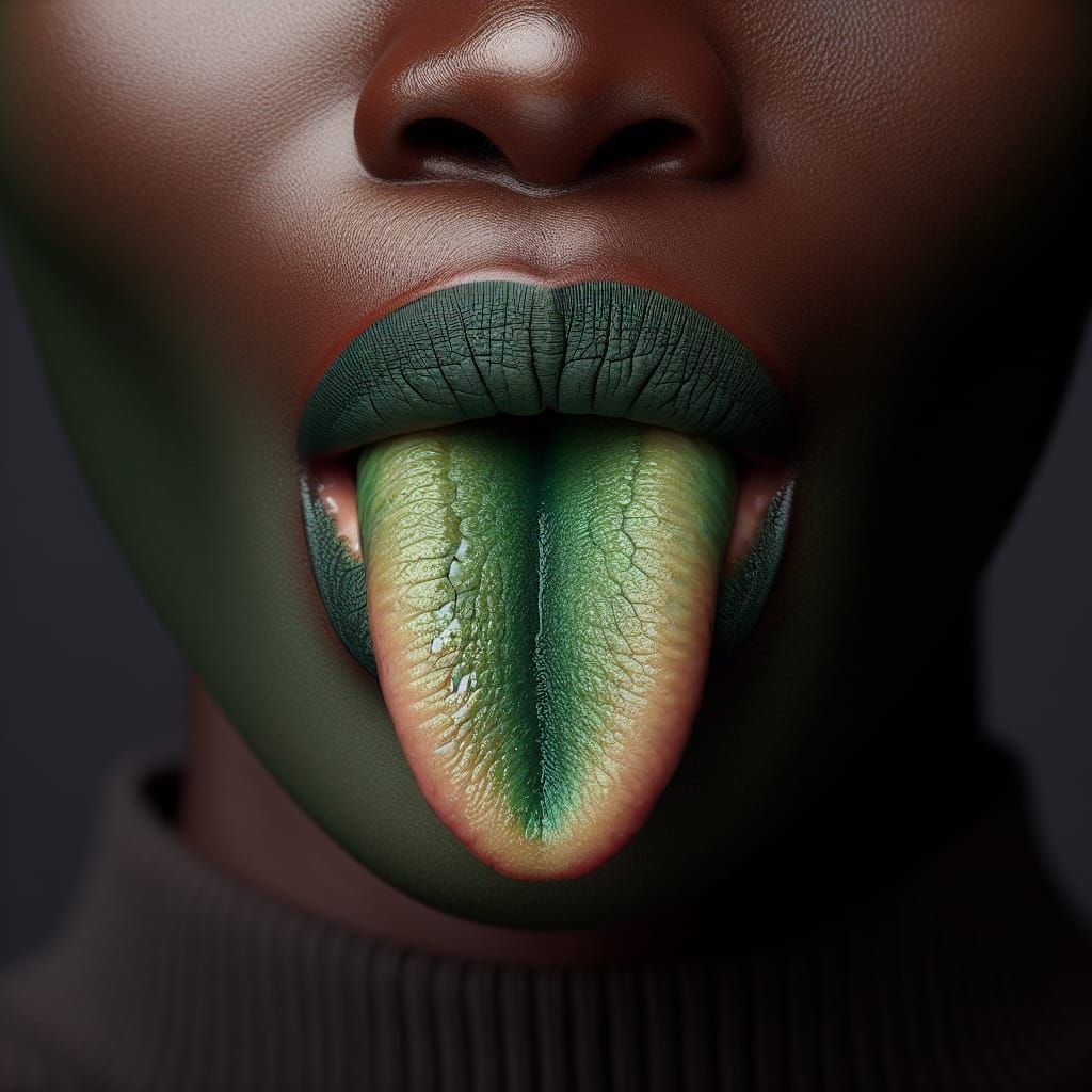Woman's Face with Green Lipstick and Frog-Like Tongue