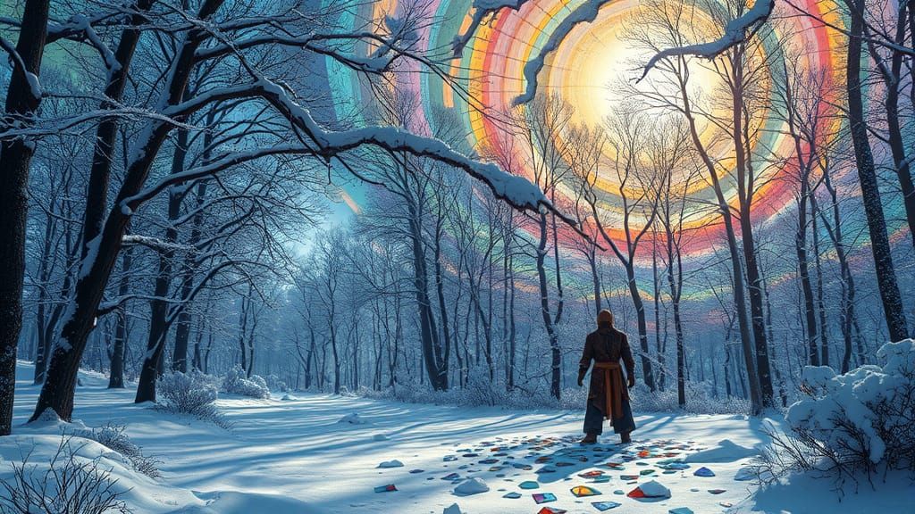 Stained Glass Forest Glade with Shaman Sculpture