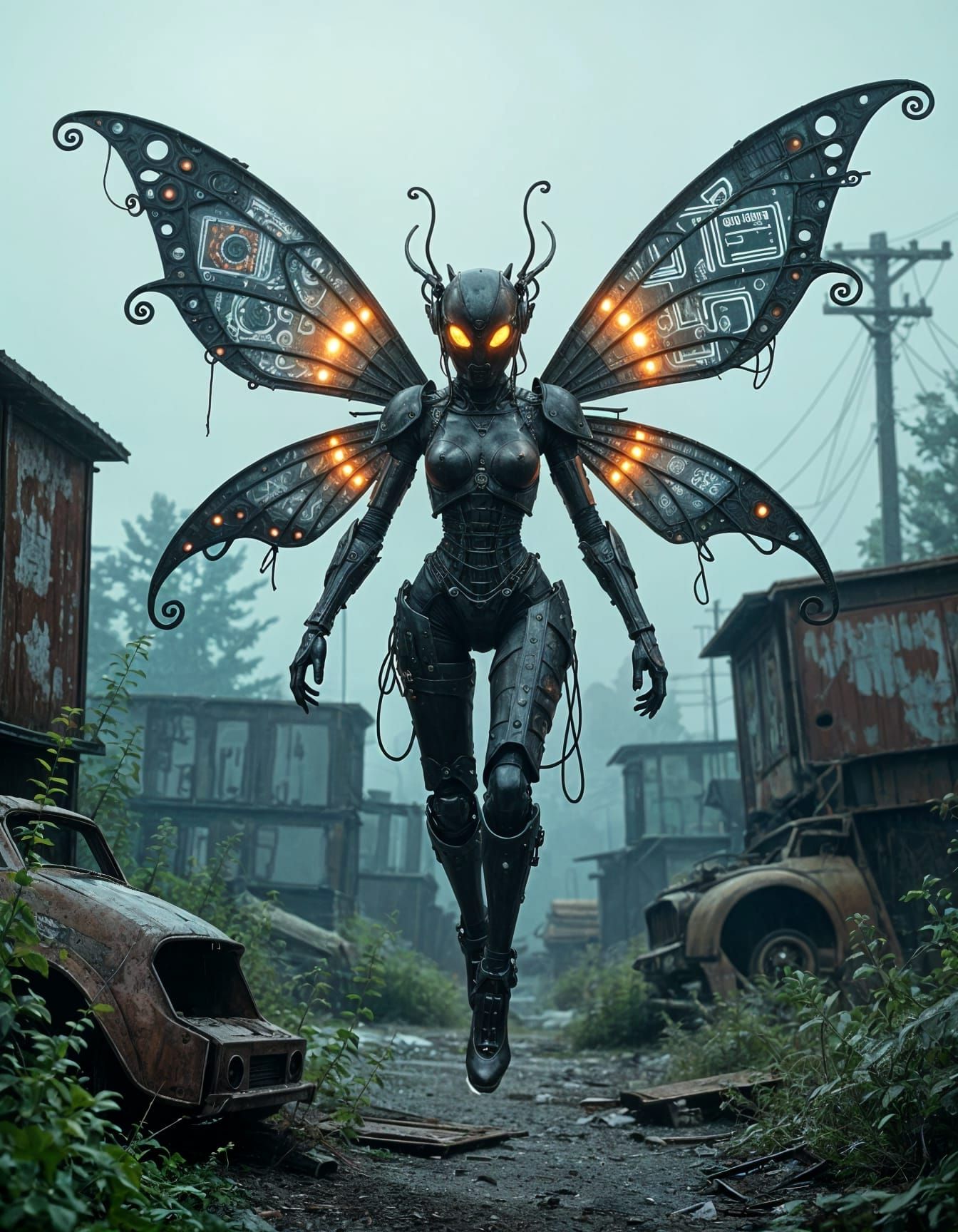 Cyberpunk Fairy in Junkyard, Digital Art