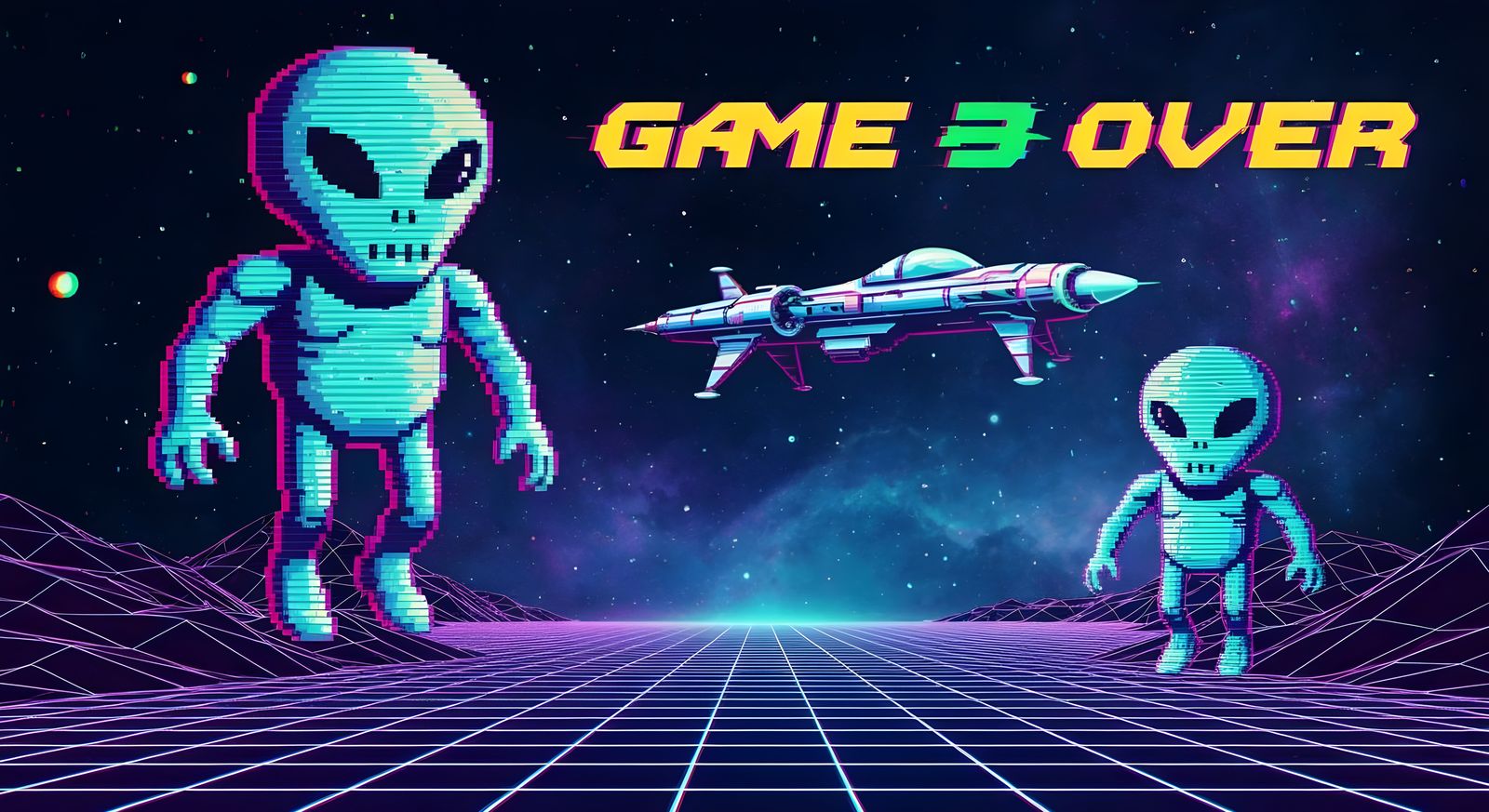 8-Bit Glitched Aliens Hovering Near Spaceship