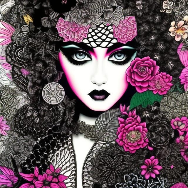 Aesthetic Gothic Girl in Pop Art Zentangle Style