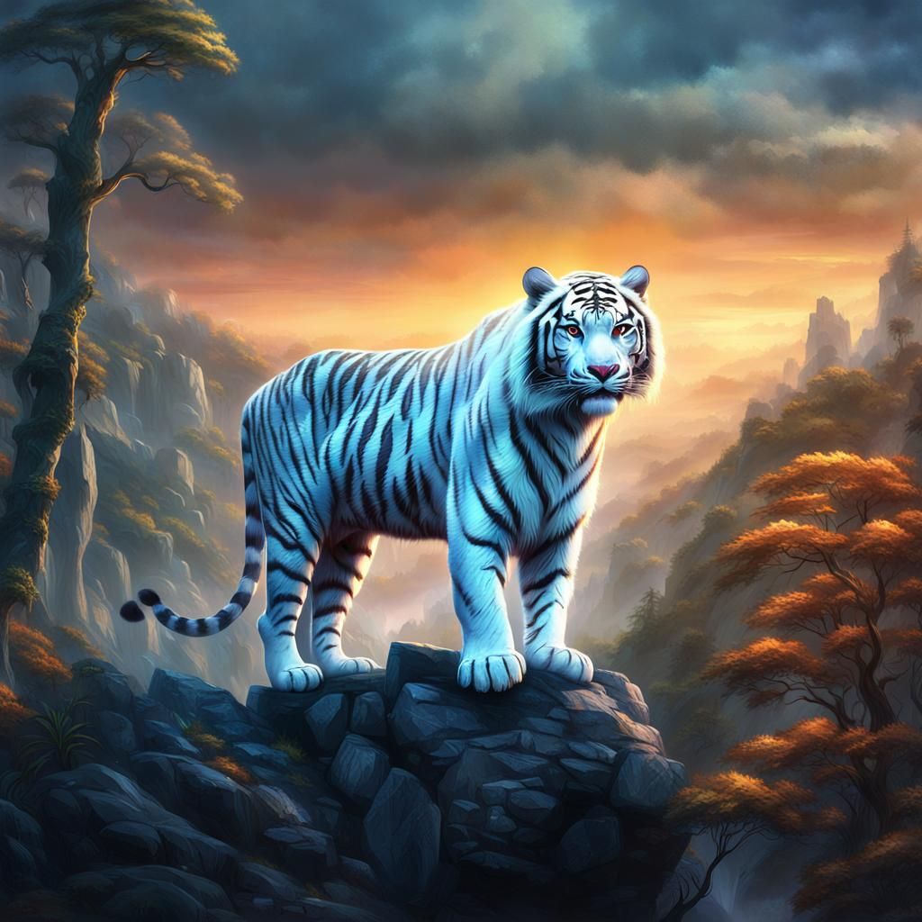 Majestic White Tiger in Lush Twilight Forest
