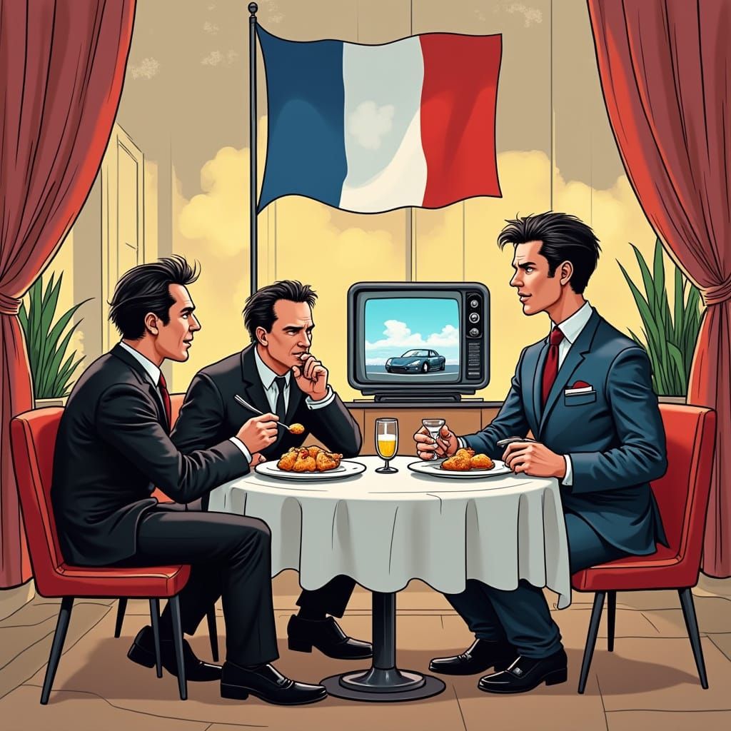 Futuristic French Men Dine In Neon-Lit Parisian Restaurant