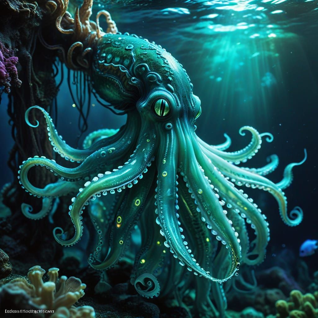 Glowing Squid Temple in Dreamlike Ocean Scene