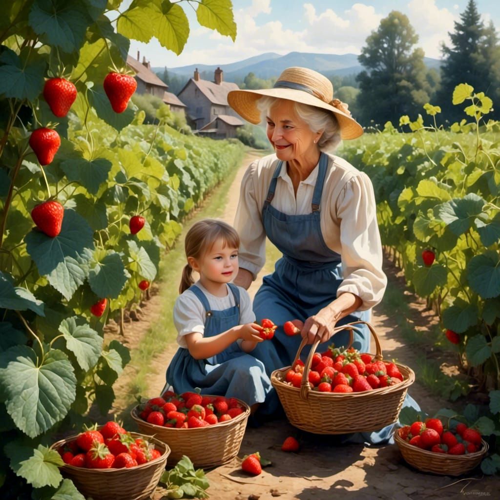 Grandma and Girl Picking Strawberries in Garden