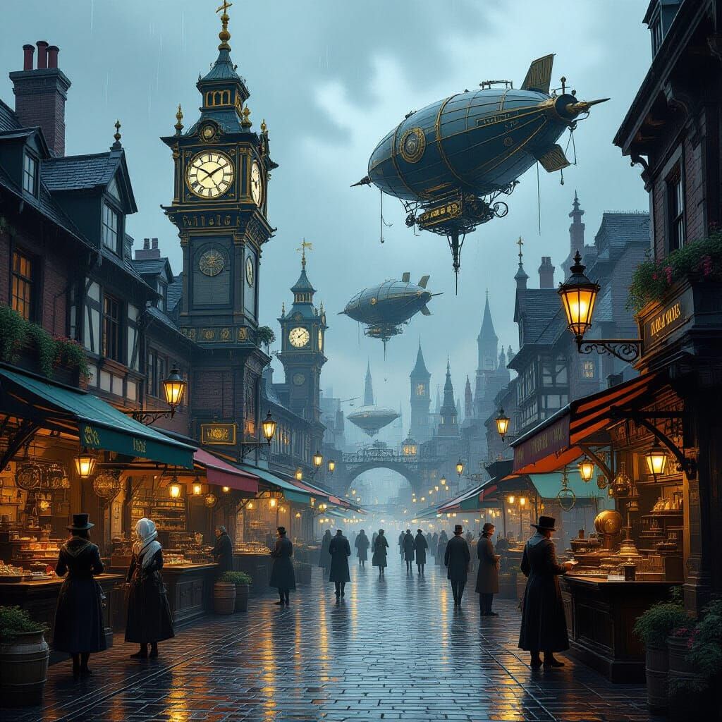 Steampunk Marketplace with Airships and Automatons