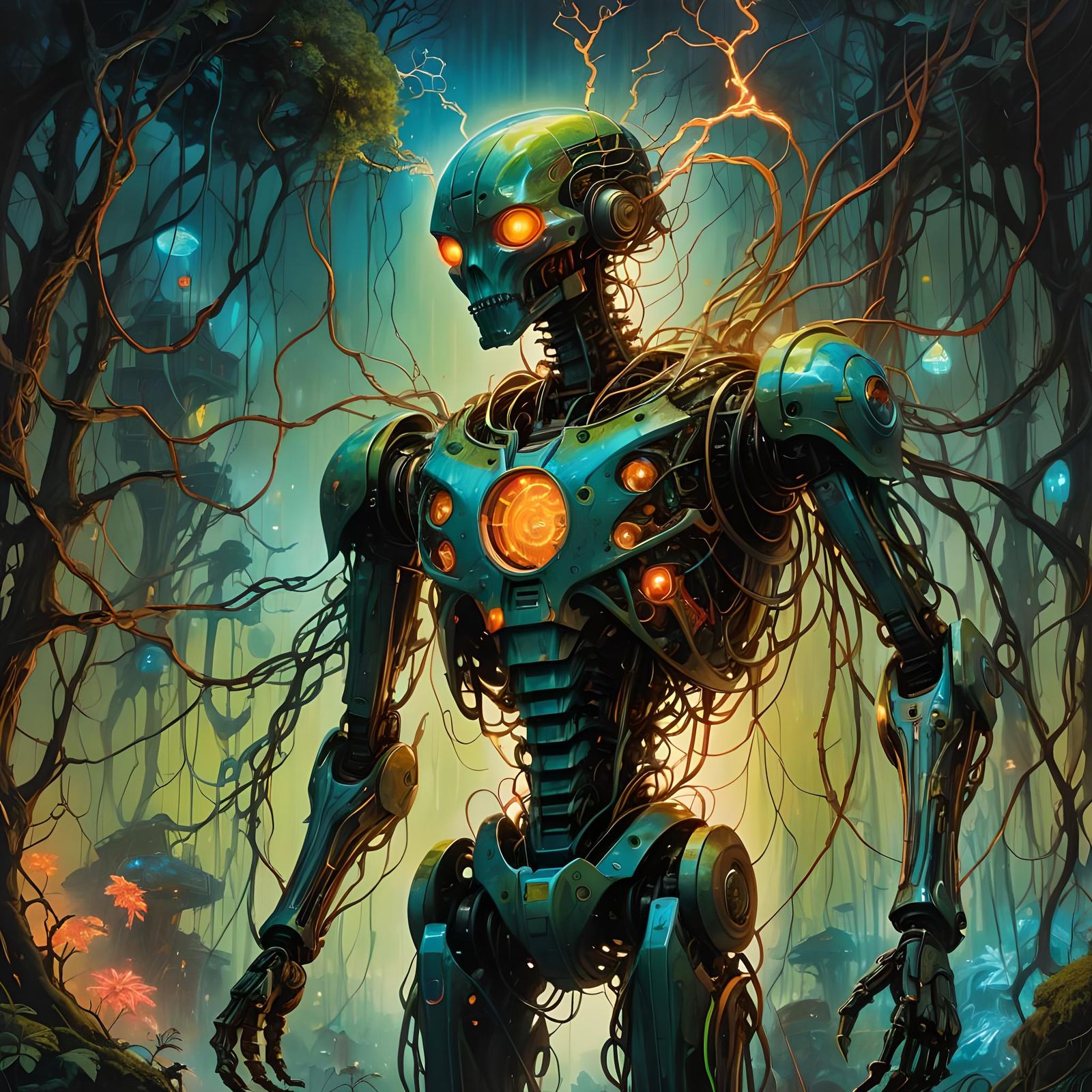 Bioluminescent Robot in Neon Landscape Art