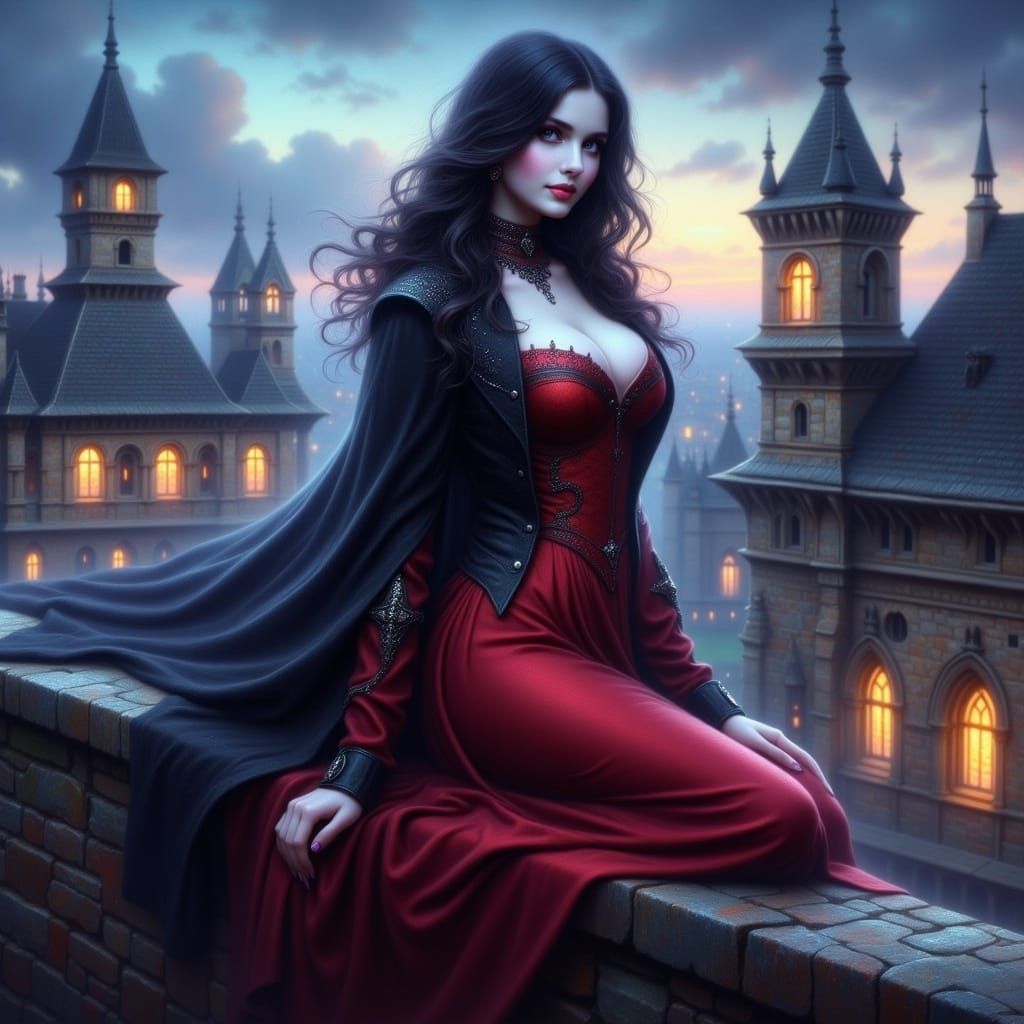 Female Vampire on Rooftop in Magical Twilight