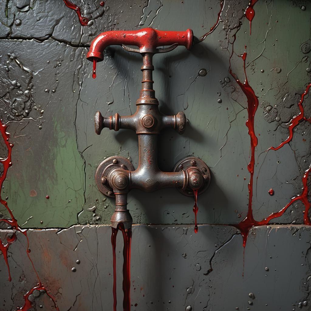 Old Iron Tap with Red Liquid, Detailed Matte Painting