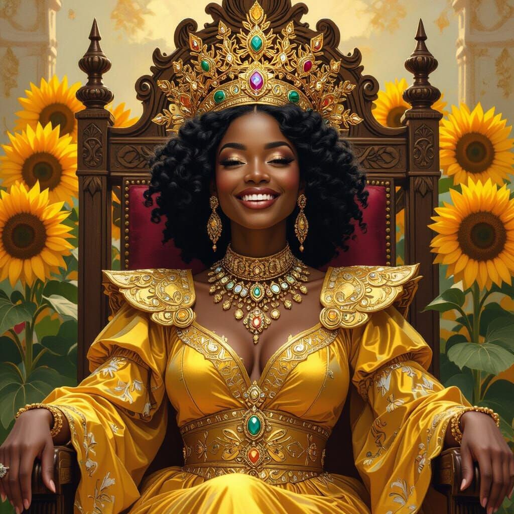 Radiant Queen in Sunflower Field: Classical Portraiture
