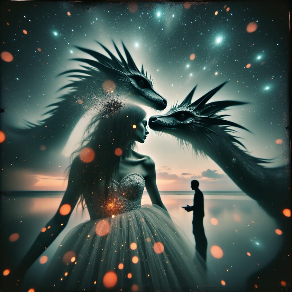 Princess and Dragon Under Galactic Sky