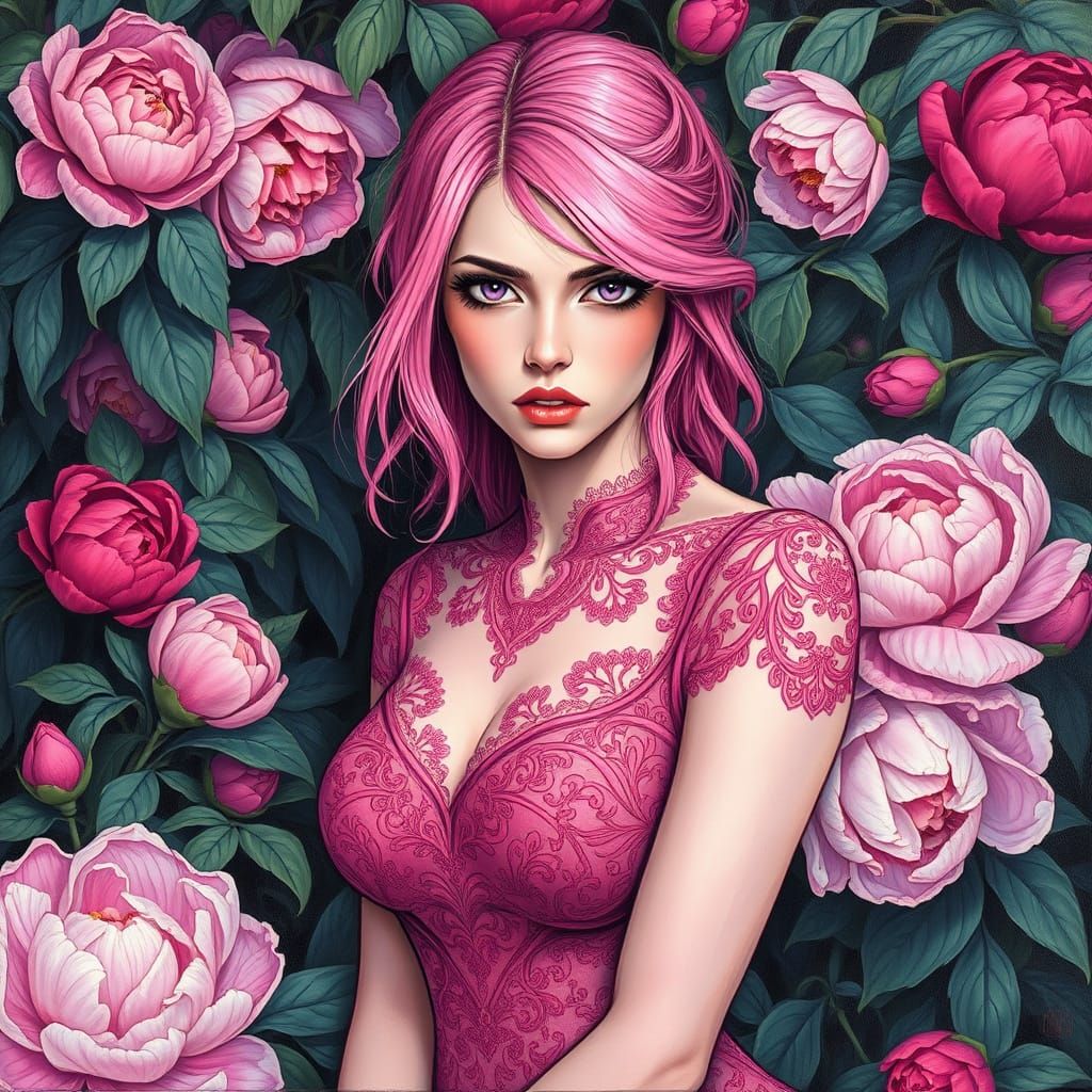 Annoyed Pink-Haired Woman in Gothic Gown