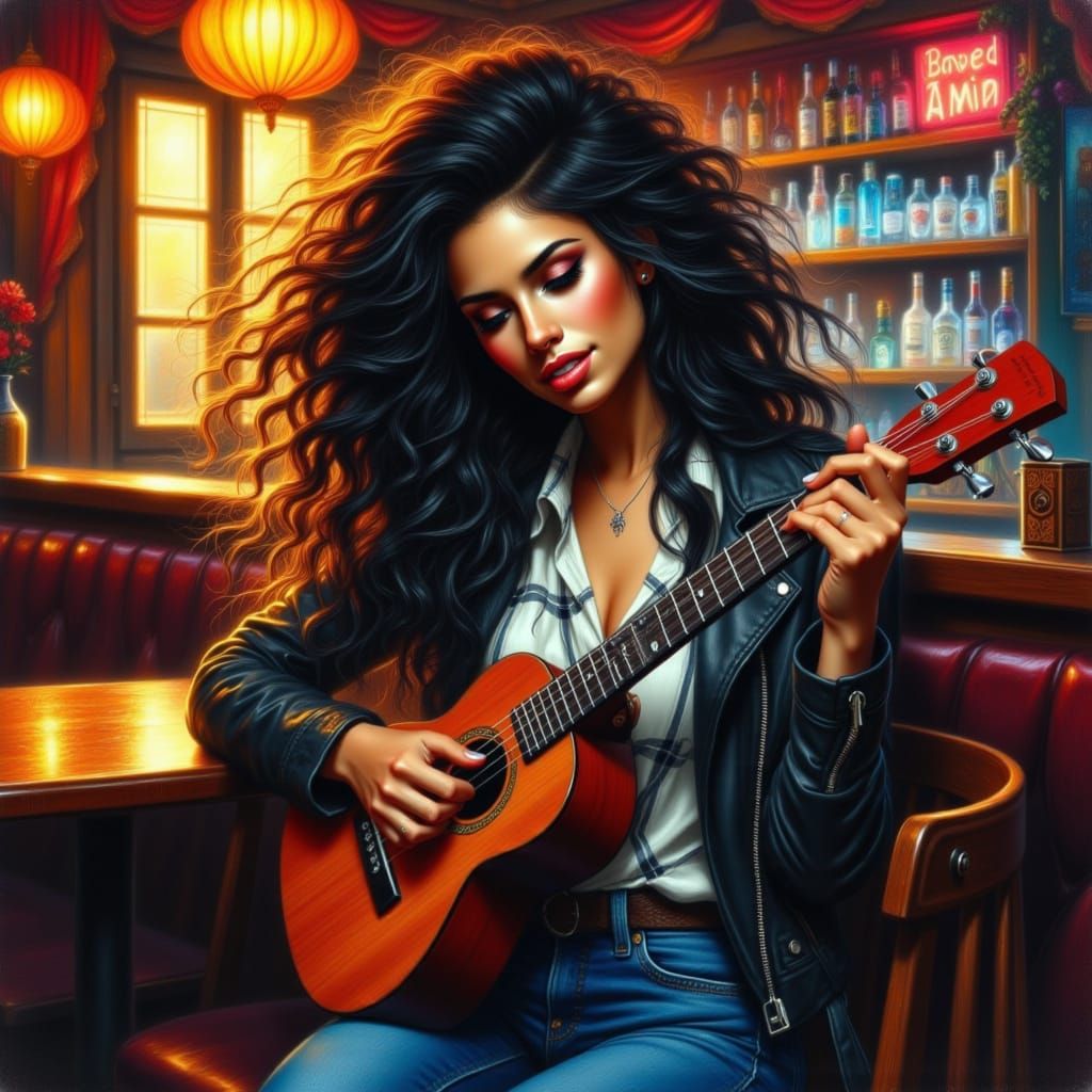 Woman Playing Ukulele in Atmospheric Bar, Impressionist Styl...