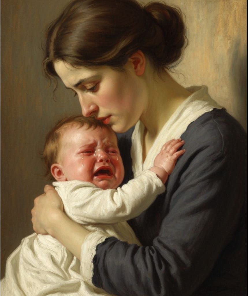 Mother Comforts Crying Baby in Tender Scene