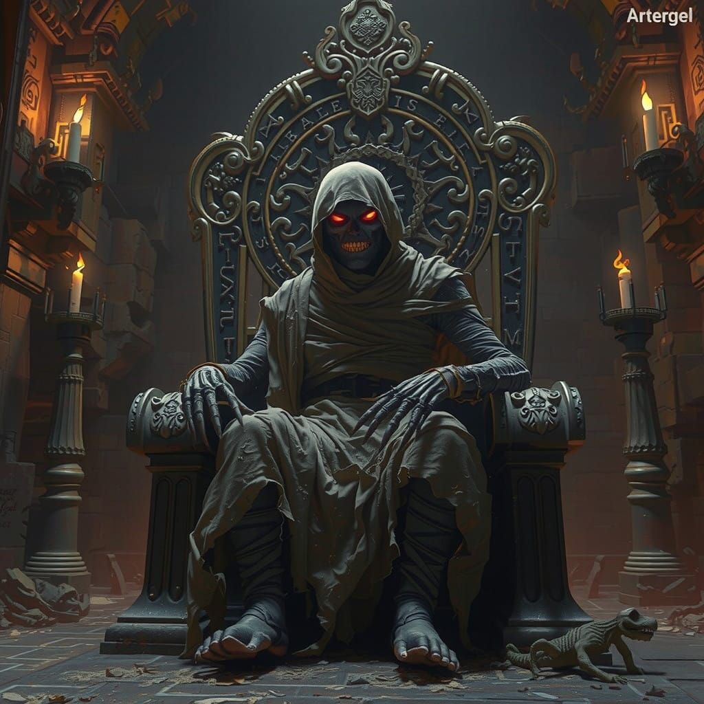 Ancient Mummy Lord in Dark Fantasy Throne Chamber