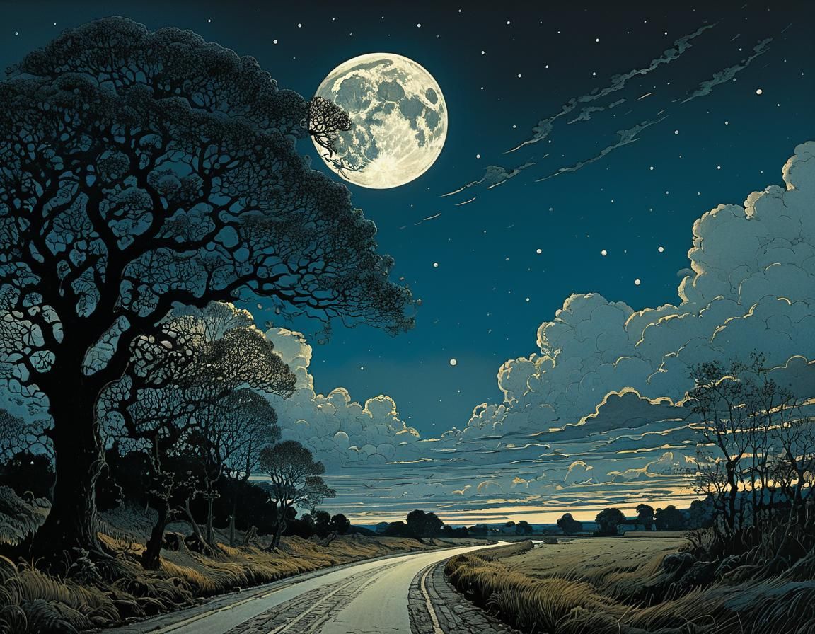 Whimsical Cloudscape Serenade Under New Moonlight