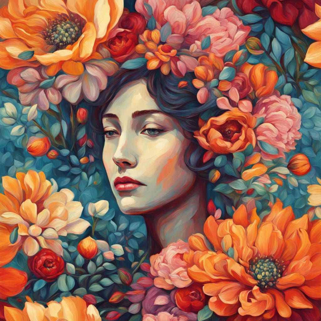 Serene Woman's Face Emerging From Flowers Oil Painting