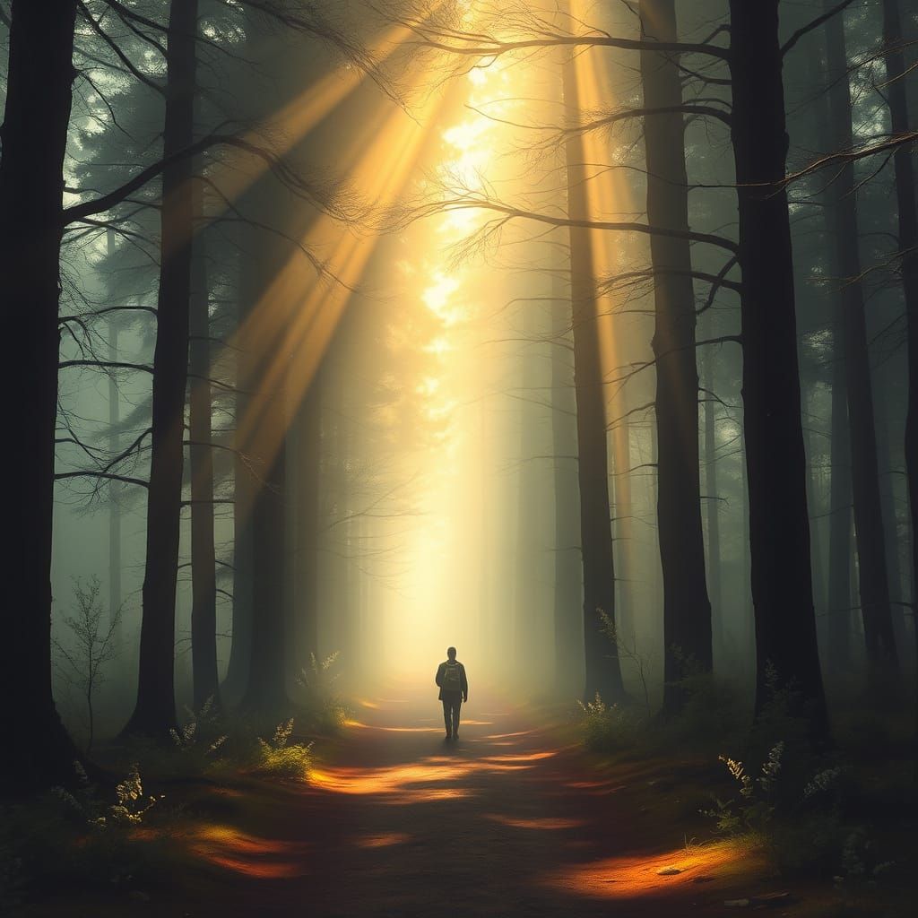 Peaceful Traveler Guided Home Through Misty Ancient Forest
