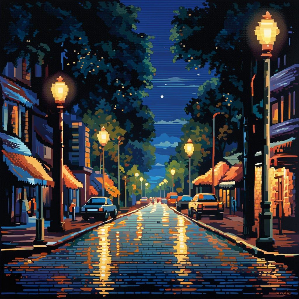 Busy Street at Night in 8-bit Impressionism