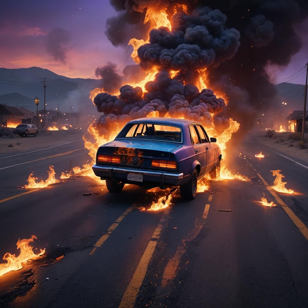 Car Engulfed in Flames on Deserted Highway