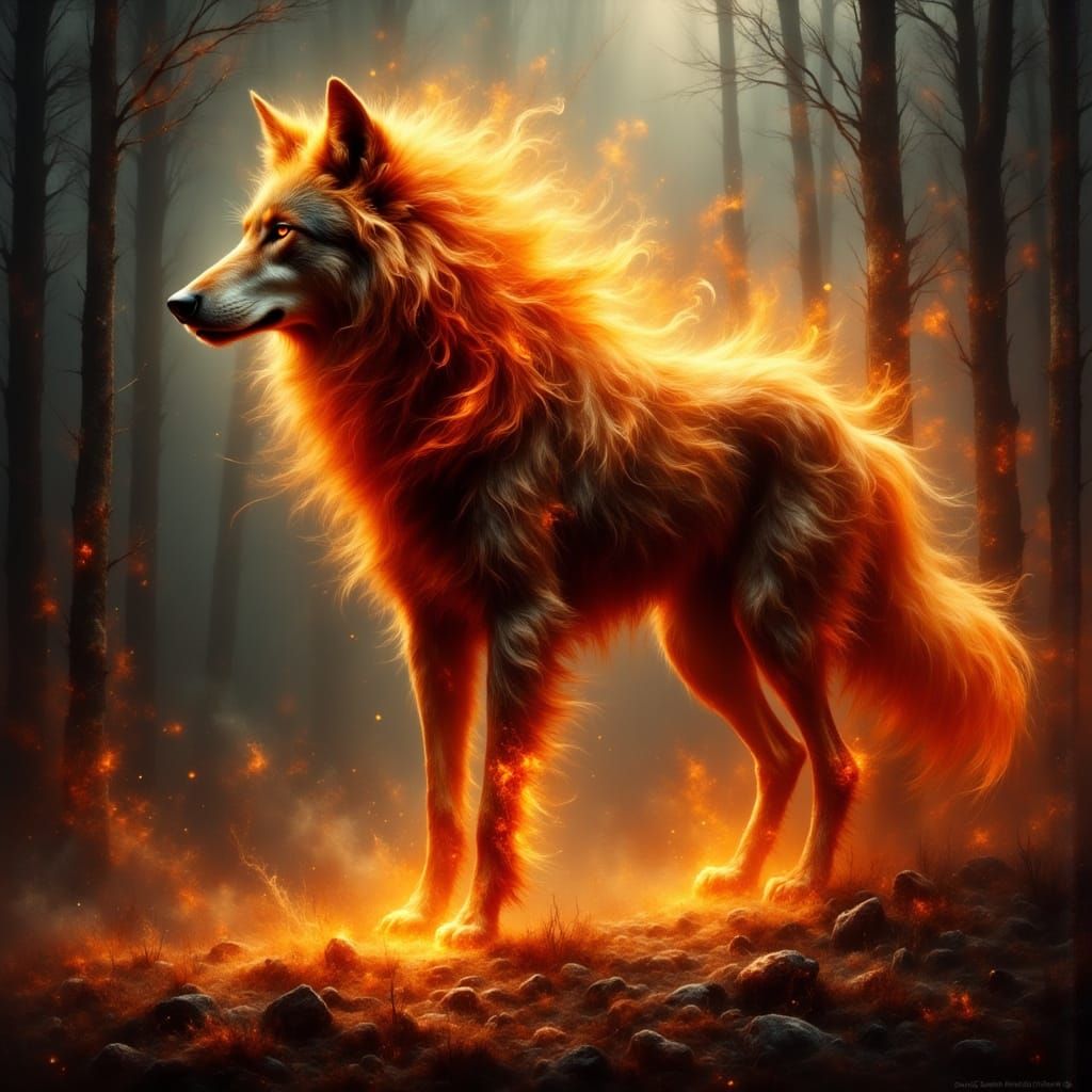 Majestic Fire Dire Wolf in a Gritty, High-Contrast Digital A...
