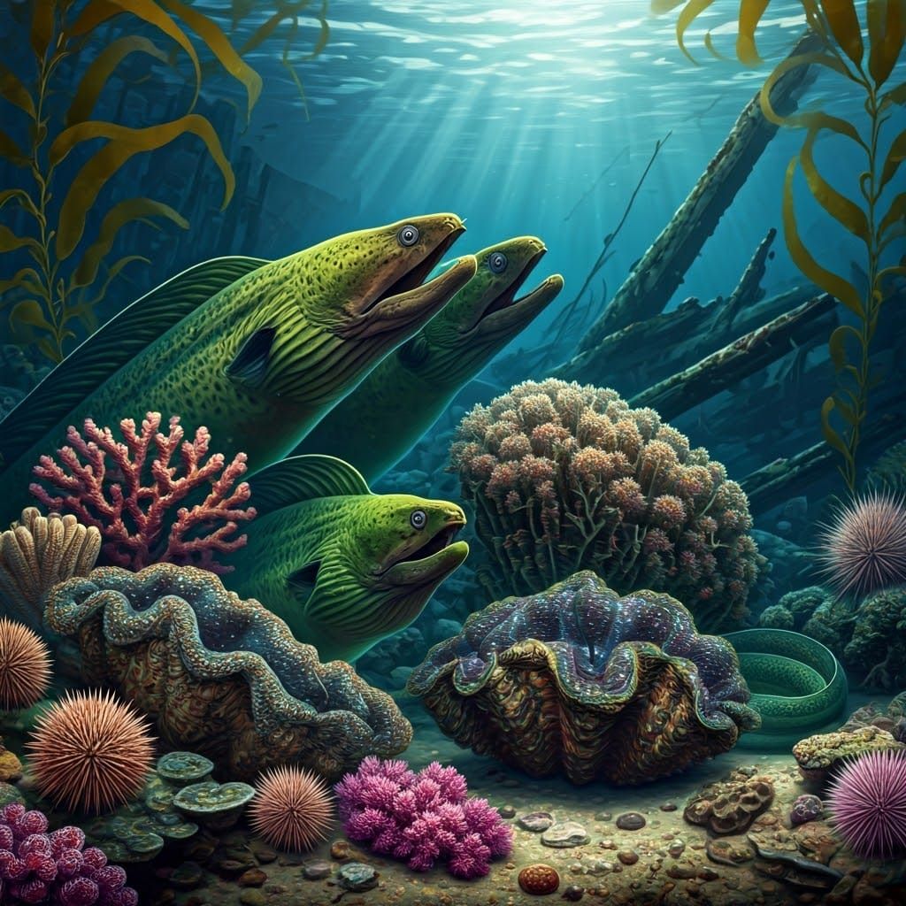 Elegant Green Moray Eels Entwined with Giant Clam in Kelp Fo...