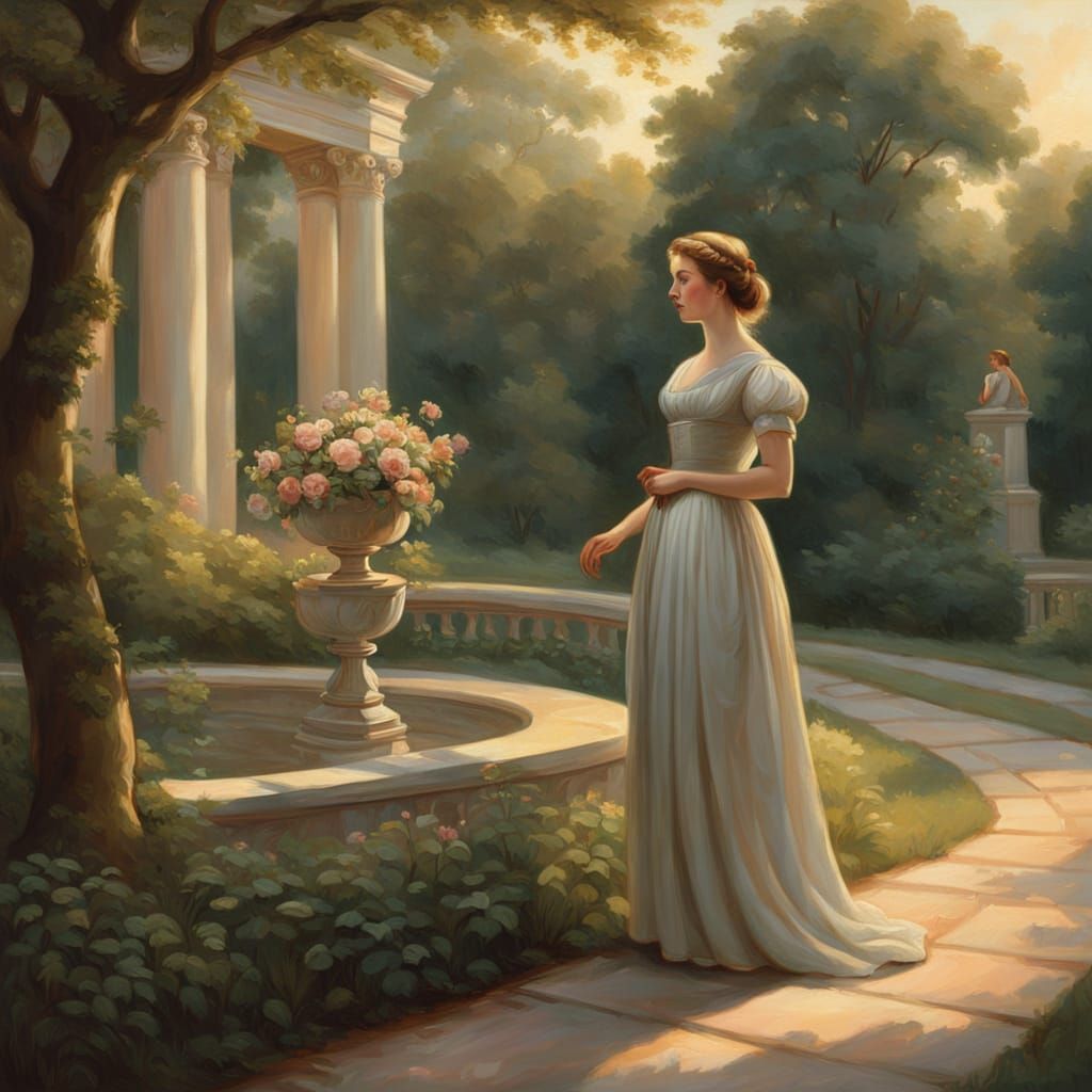 Painter in Garden: Neoclassical Oil Painting